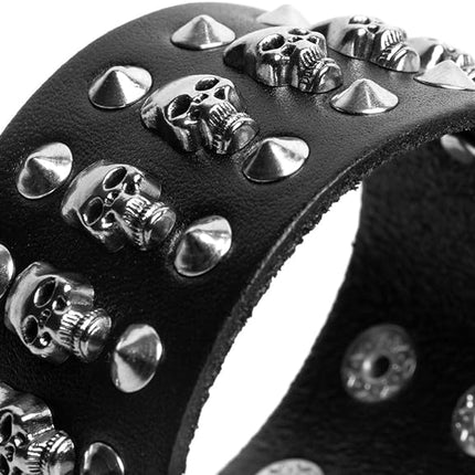 Black metal rivets studs punk rock biker wide belt leather bracelet guard wrist strap skull