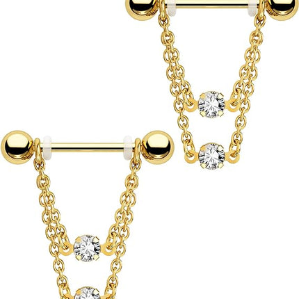 2pcs Stainless Steel Nipple Rings 14g Nipple Barbell Chain CZ Nipple Piercing Jewelry for Women