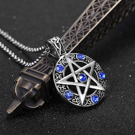 Leprato Stainless Steel Pentagram Pendant Necklace High Polished Blue Crystal Pentacle Charm Amulet Pendant Necklace for Men