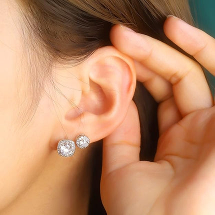 ALEXCRAFT Sterling Silver Stud Earrings for Women Girls Cubic Zirconia Halo Round Heart Square Diamond Large Silver Stud Set