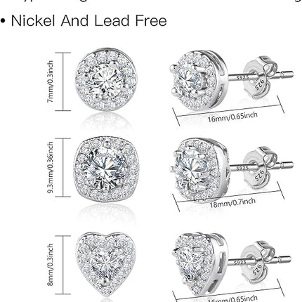 ALEXCRAFT Sterling Silver Stud Earrings for Women Girls Cubic Zirconia Halo Round Heart Square Diamond Large Silver Stud Set