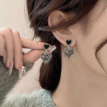 HETICA Double Heart Earrings for Women, Black Cubic Zirconia Heart Drop Earrings Love Heart Dangle Earrings Jewelry Gifts for Women