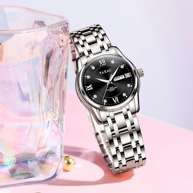 Taxau Watches for Women Stainless Steel Analog Quartz Watch for Women Waterproof Roman Numerals with Day Date