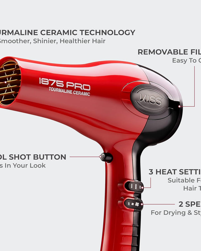 KISS 1875 Watt Pro Tourmaline Ceramic Hair Dryer, Styling Edition, 3 Heat Settings, 2 Speed Settings, Cool Shot Button, 7 Blow Dryer Accessories Included, 2-Year Warranty - Red