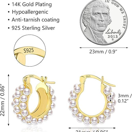Lancharmed Pearl Earrings for Women Hypoallergenic 18K Gold Plated Sterling Silver Post Lightweight Pearl Hoop Earrings for Women Girls (22mm)
