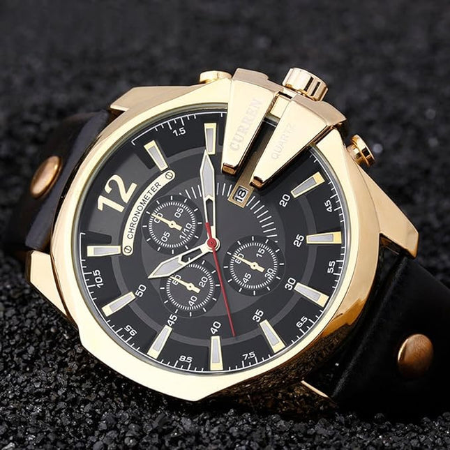 CURREN Men Watches Luxury Gold Male Fashion Leather Strap Outdoor Casual Sport Wristwatch with Big Dial