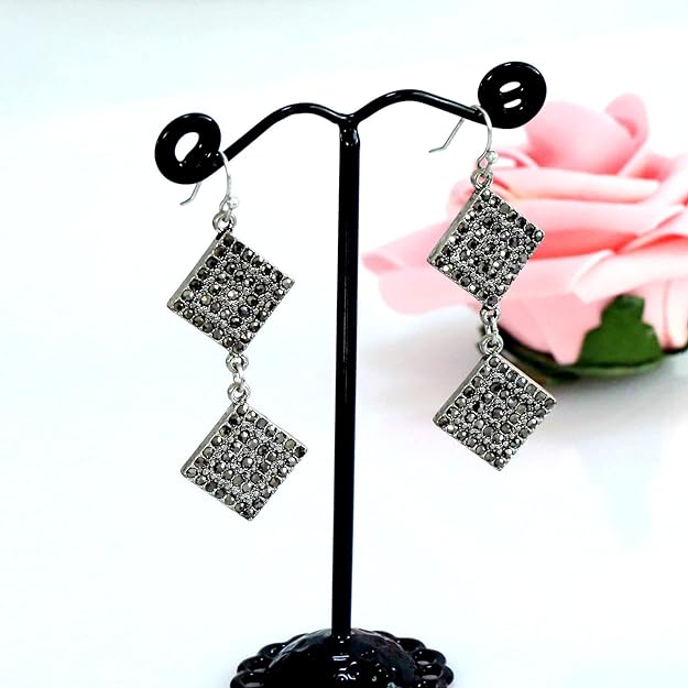 Jet Black Rhinestone Dangle Earrings for Women Silver Plated Sparkling Diamonds Drop Statement Earrings - Hypoallergenic