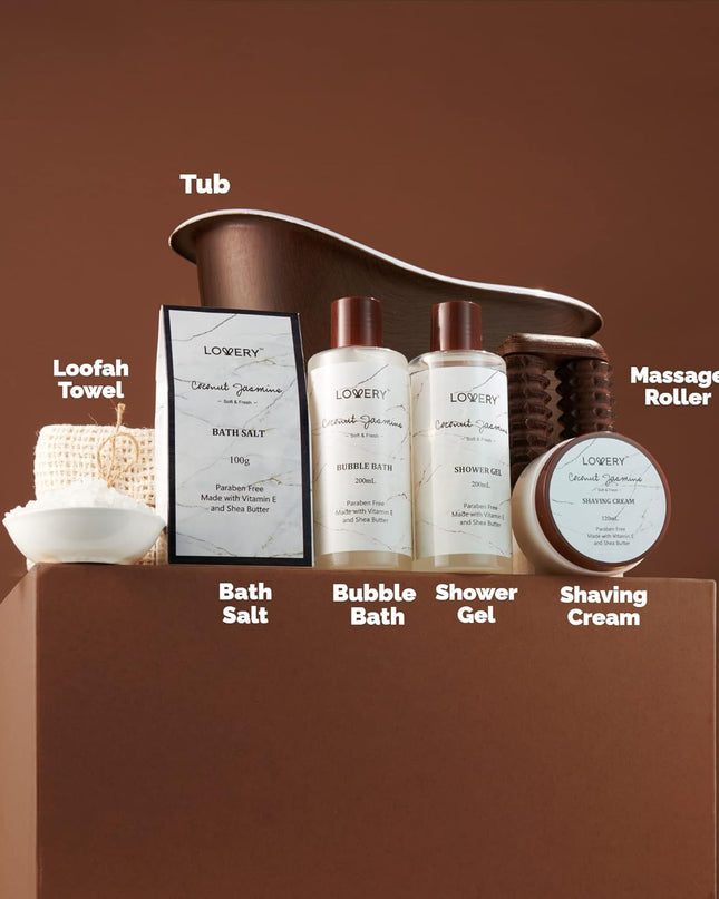 Christmas Gifts for Women and Men, Spa Gift Baskets for Women, Mom, Her - Coconut Jasmine Bath Sets & Personal Self Care Kit, Birthday Gifts for Mom Who Has Everything, Relaxation & Pampering Gifts