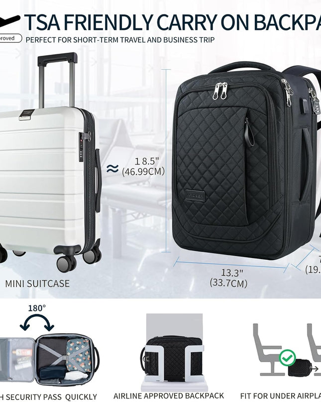 KROSER Laptop Backpack Large Computer Carry On Backpack Fits up to 17.3 Inch Laptop with USB Charging Port Water-Repellent Travel Backpack Casual Daypack for Business/College//Men-Quilted Black