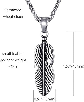 Moolee Men's Feather Pendant Necklace with Stainless Steel Link Chain