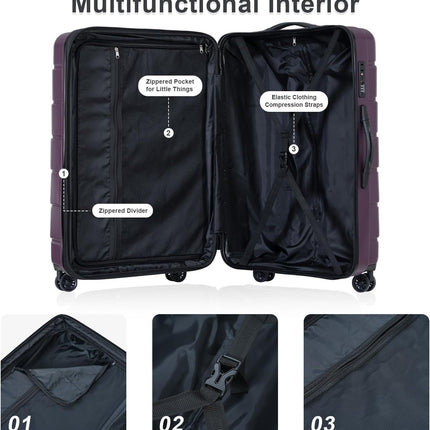 Merax Suitcase Hardshell Carry On Luggage Set for Women with TSA Lock, Deep Purple(Wavy Line), 20/24/28 Inch