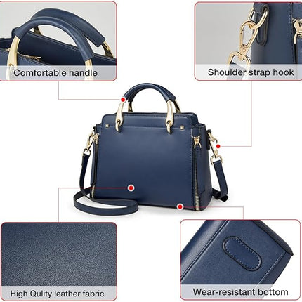 FOXER Leather Handbags for Women, Genuine Leather Ladies Top-handle Bags with Adjustable Shoulder Strap Women's Crossbody Bag Womens Real Cowhide Satchels Leather Messenger Tote Bags(Dark Blue)