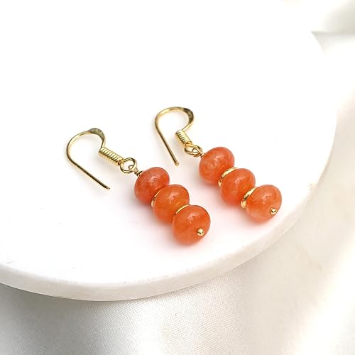 Gempires Gift Carnelian Rondelle Beads Earrings, Dangling Earrings, Orange Crystal Earring for Girls, 14k Gold Plated Hook Earrings, Handmade Jewelry, Jewelry for Women (Quartz)