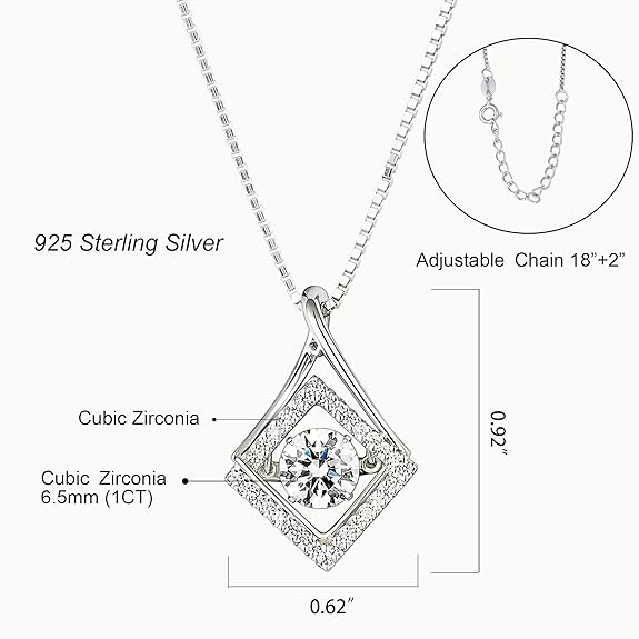 Arinza Necklaces for Women Sterling Silver Dancing Diamond Cubic Zirconia CZ Pendant, 18+2 inch Chain, Anniversary Birthday Jewelry Gifts for Wife/Mom/Women/Sister/Daughter