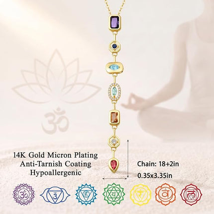 7 Chakra Necklace for Women, 14K Gold Plated Pendant Lariat Y Necklace for Women Hypoallergenic Non Tarnish Gold Trend Jewelry Colorful Long Necklaces Gifts
