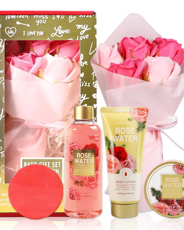 Body & Earth Spa Baskets for Women - 5 Piece Rose Scented Bath Sets with Shower Gel, Body Scrub, Body Lotion, Hand Soap, Mothers Day Gifts for Mom