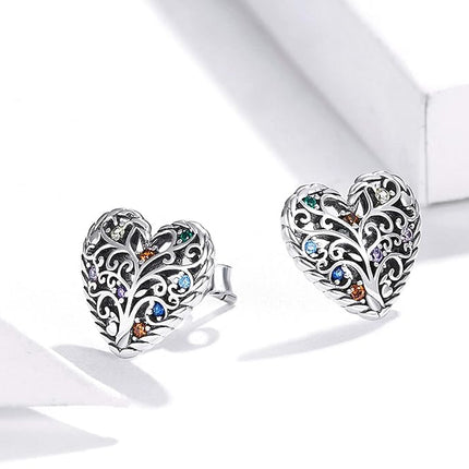 Qings Tree of Life Earrings Heart Studs, 925 Sterling Silver Earrings Hypoallergenic Studs, Jewellery Gifts For Her Women Valentine's Day Engagement Birthday Anniversary with Gift Box