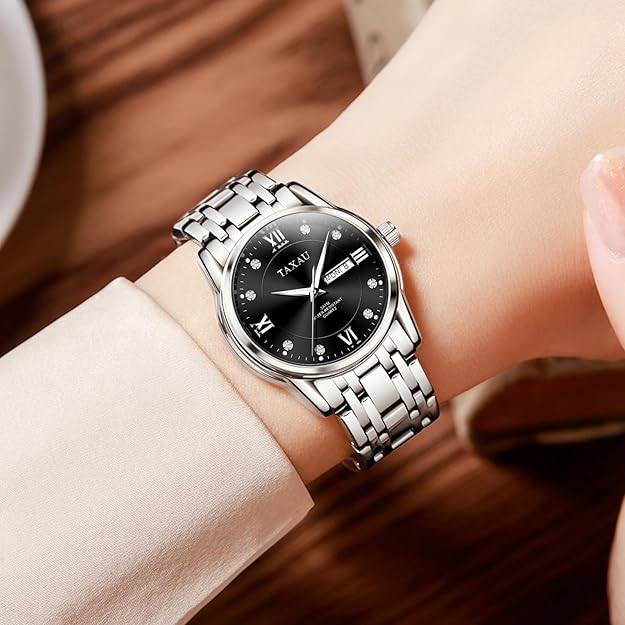 Taxau Watches for Women Stainless Steel Analog Quartz Watch for Women Waterproof Roman Numerals with Day Date