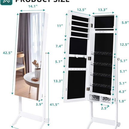 YITAHOME 2 in 1 Jewelry Cabinet with Full Length Mirror, Standing Large Capacity Jewelry Armoire Organizer with 2 Drawers, 3 Angle Adjustable, White