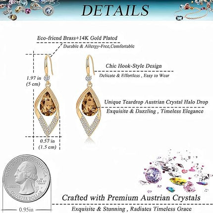 Austrian Crystal Teardrop Hollow Leaf Drop Dangle Earrings for Women 14K Rose Gold Plated Hypoallergenic Jewelry