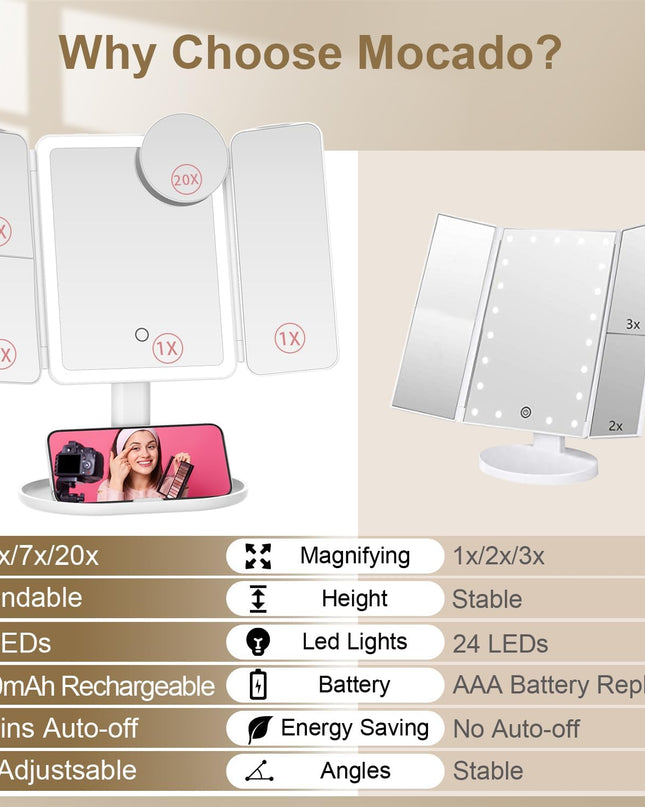 Makeup Mirror with Lights, 20X/7X/3X Magnifying Mirror with Light