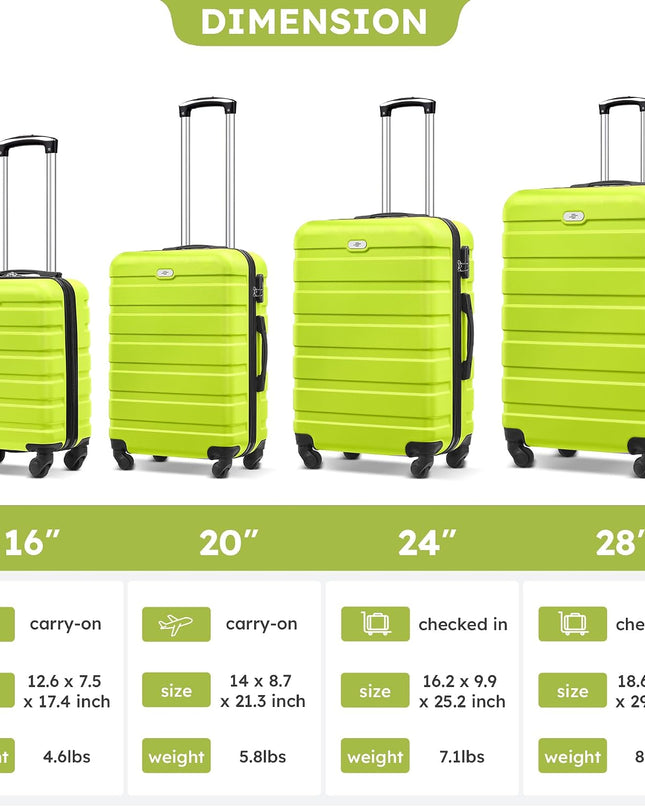 4 Piece Luggage Sets, Hard Shell Suitcase Set with Spinner Wheels 16 20 24 28inch Travel Sets(Green)
