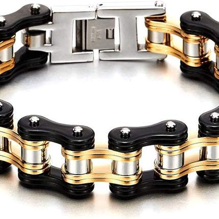 COOLSTEELANDBEYOND Masculine Men's Bike Chain Bracelet of Stainless Steel Two-Tone Polished