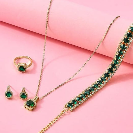 4pcs Cubic Zirconia Wedding Jewelry Sets for Bride Bridesmaid Cubic Zirconia Pendant Necklace Earrings Link Tennis Bracelet Open Ring Set for Women