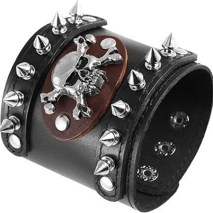 Men's Metal Rivet Skull Leather Bracelet Punk Rock Bike Style Wristband Adjustable