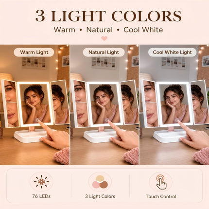 Makeup Mirror with Lights, Rechargeable Trifold 1X/2X/3X Magnification