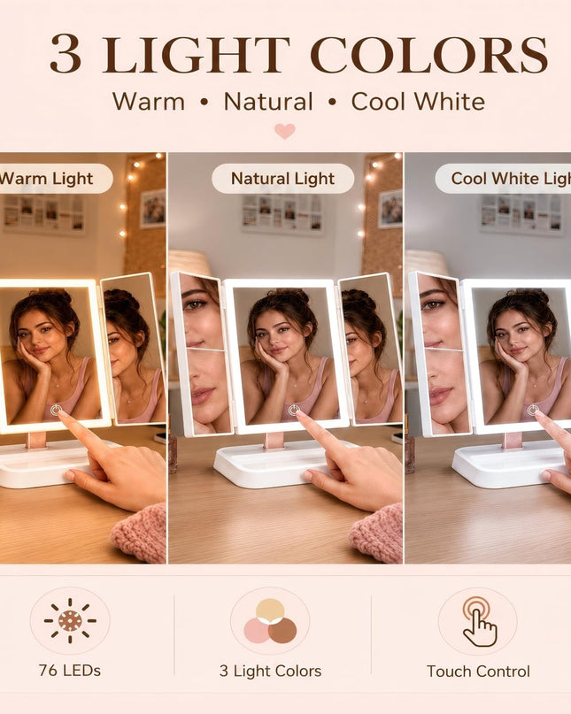 Makeup Mirror with Lights, Rechargeable Trifold 1X/2X/3X Magnification