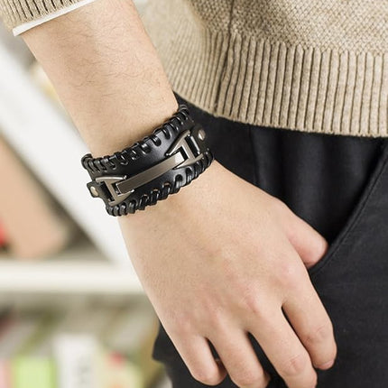 Hamoery Men Leather Bracelet Punk Braided Rope Alloy Bracelet Bangle Wristband