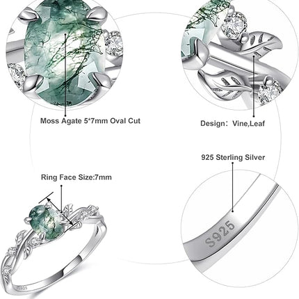 Engagement Rings for Women 925 Sterling Silver Oval Cut Moss Agate/Black Rutilated Quartz/Emerald Gemstone Wedding Rings Promise Ring Size 5-9
