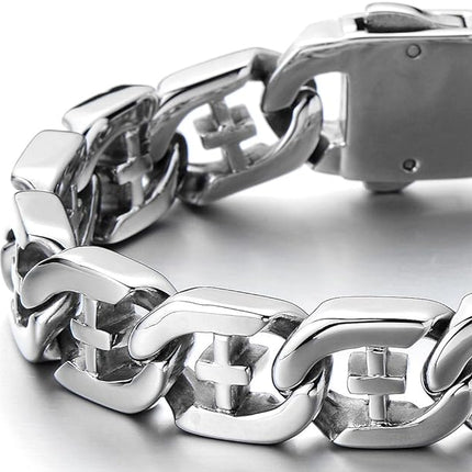 COOLSTEELANDBEYOND Men's Stainless Steel Curb Chain Bracelet with Cross Silver Color High Polished