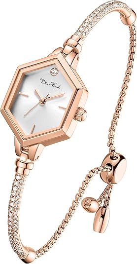 Rose Gold Petite Bracelet Watch for Women, Diamond Dress Analog Hexagonal Mini Women Watch Waterproof