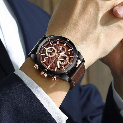 Mini Focus Men Watches Business Casual Wrist Watches (Multifunction/Waterproof/Luminous/Calendar) Genuine Leather Band Fashion Watch for Men
