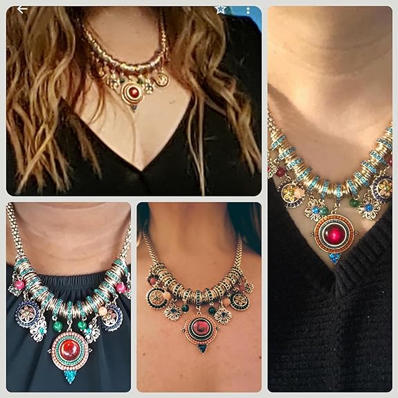 SUNLAND Bohemian Multicolor Round Pendants Enamel Rhinestone Ethnic Necklace for Women