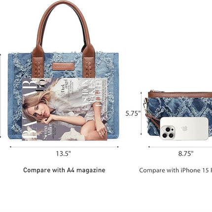 Denim Tote Bag for Women Aztec Top Handle Satchel Purse Boho Shoulder Handbags with Wristlet