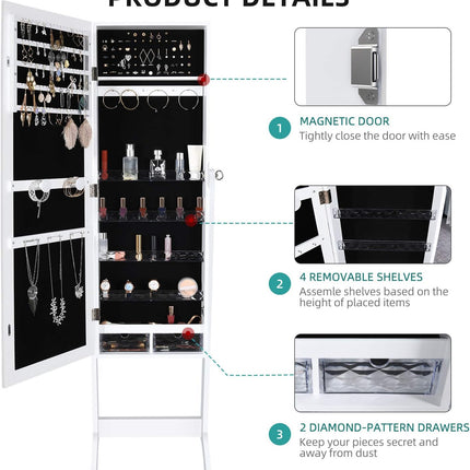 YITAHOME 2 in 1 Jewelry Cabinet with Full Length Mirror, Standing Large Capacity Jewelry Armoire Organizer with 2 Drawers, 3 Angle Adjustable, White