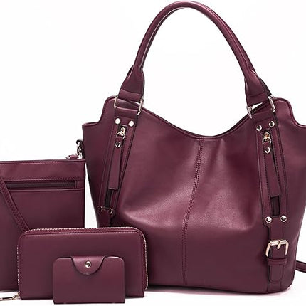 Soperwillton Purses for Women Large Shoulder Handbag Tote PU Leather Hobo Crossbody Bag Ladies Wallet Set 4pcs