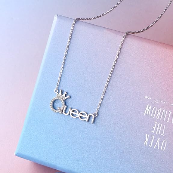 FLYOW 925 Sterling Silver White Cz Crown Princess/Queen Pendant Word Charm Necklace for Girlfriend Wife Daughter Granddaughter, 18 Inch + 2 Inch