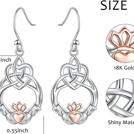 925 Sterling Silver Dangle Earrings for Women Celtic Knot Drop Claddagh/Clover/Lotus/Filigree Earrings Rose Gold Claddagh Hoop Earrings Friendship Jewelry Gift for Women