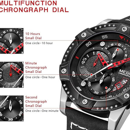 MEGIR Men's Analog Business Quartz Chronograph Watch with Fashion Big Face Leather Strap for Sports 2130