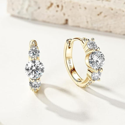 3 Stone/Solitaire Moissanite Hoop Earrings, 925 Sterling Silver Hypoallergenic Huggie Earrings for Women, D Color VVS1 Lab Created Imitation Diamond Round Cut Jewelry Gifts