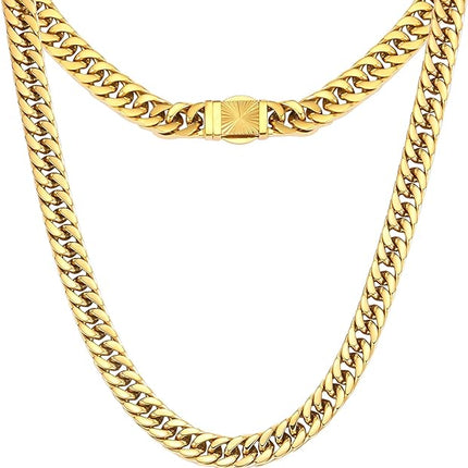 CaptainSteeL Cuban Link Chain for Men- 316L Stainless Steel 8MM Width Fashion Pattern Snap Button Hip Hop Jewelry, Chain for men 18K Gold Plated with Gift Box