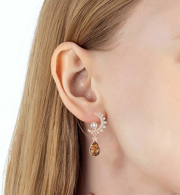 EVEVIC Austrian Crystal Teardrop Moon Star Celestial Dangle Earrings for Women 14K Rose Gold Plated Hypoallergenic Drop Earring Jewelry Gifts