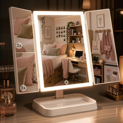 Makeup Mirror with Lights, Rechargeable Trifold 1X/2X/3X Magnification