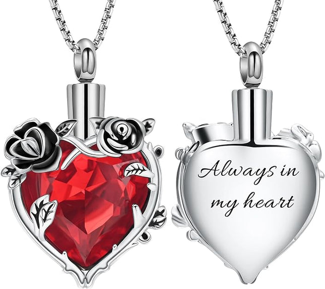 Rose Flower Cremation Urn Necklace for Ashes Heart Crystal Memorial Jewelry for Women Urn Keepsake Pendant Human Pet Memorial Locket Holder
