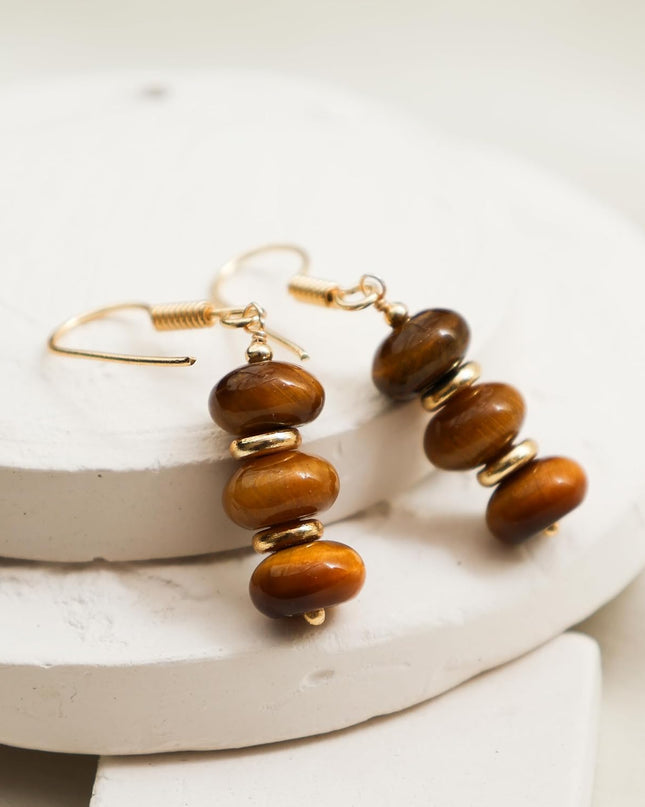 Gempires Natural Tiger Eye 8 mm Roundelle Beads Earring, Crystal Healing Beads, Dangle Drop Earring For Women