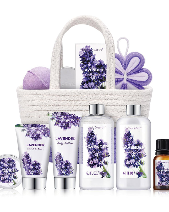 Spa Gift Baskets for Women - Body & Earth 11pcs Lavender Gift Sets with Bubble Bath, Shower Gel, Body Lotion, Birthday Gifts for Women, Spa Kit for Mom Gifts, Purple Gifts